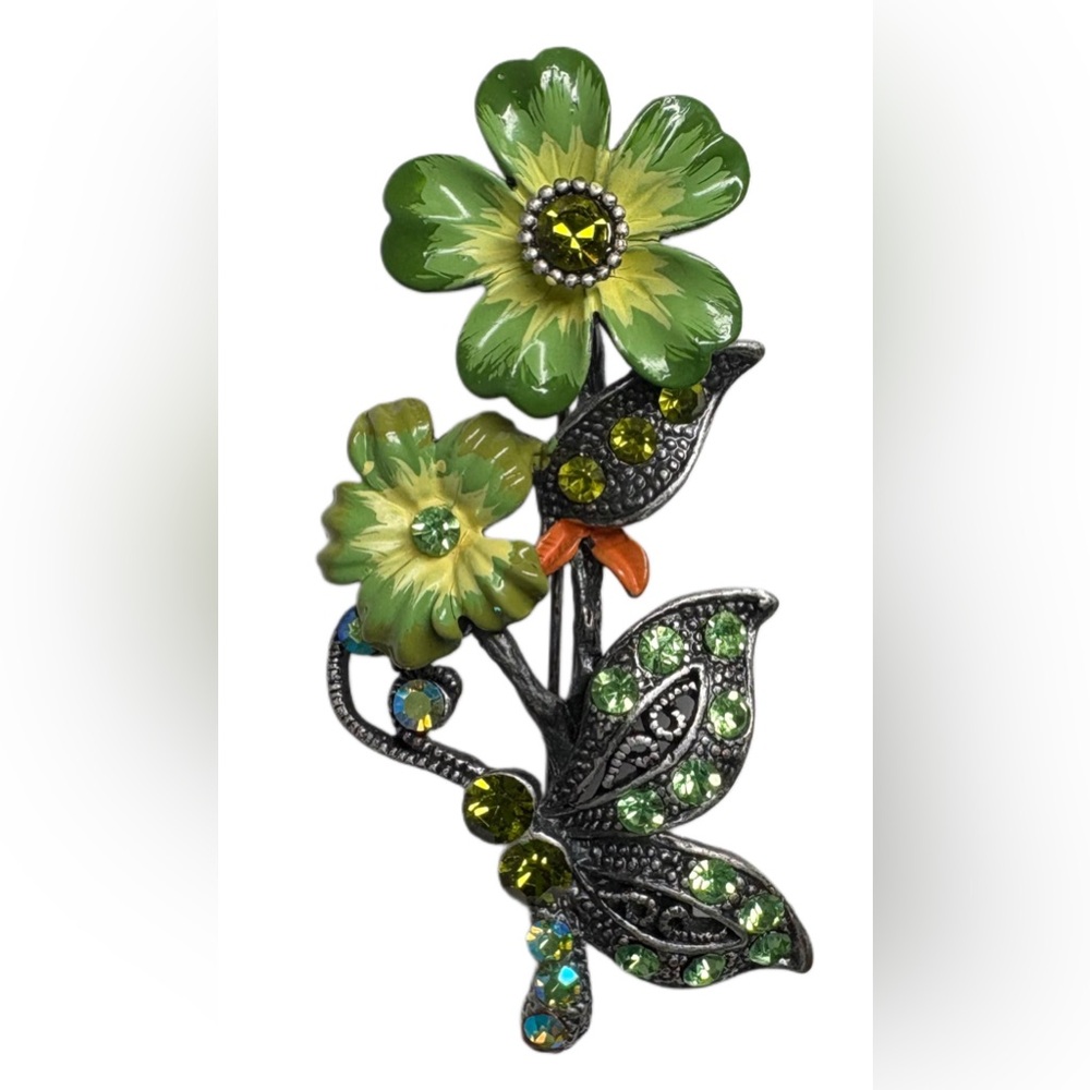 Vintage Enamel & Rhinestone Floral Feminine Boho Brooch Pin